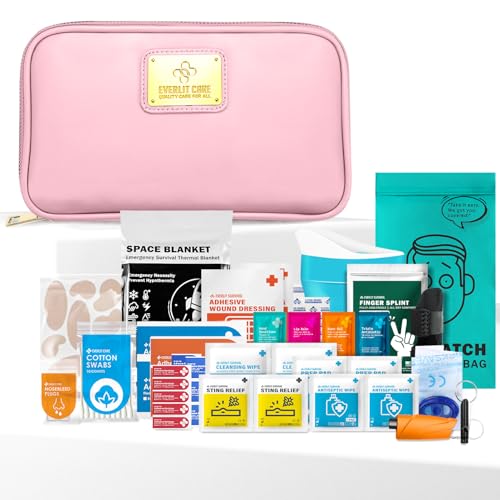 EVERLIT CARE Car First Aid Kit with Emergency Supplies Survival Gear Including Window Breaker Disposable Urine Bag Mountable Survival Kit for Family Travel in Car (Pink) - color: Pink