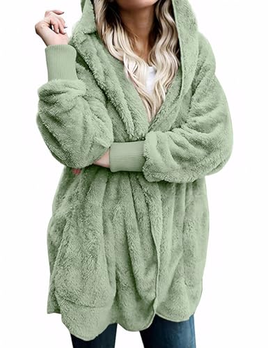 Zilcremo Women Hooded Cardigan Open Front Fuzzy Jacket - color: Beangreen, size: Medium