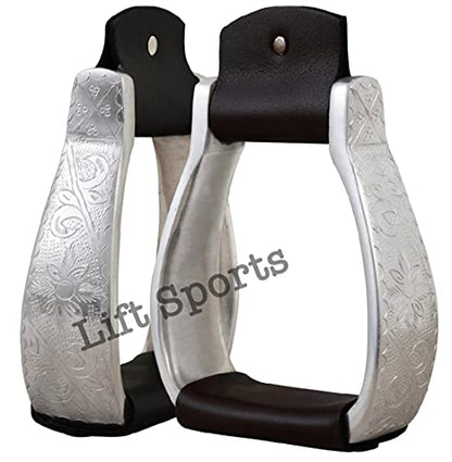 Black/Brown Engraved Western Horse Silver Saddle Stirrups 4.75" Wide Original Leather (Black Leather)
