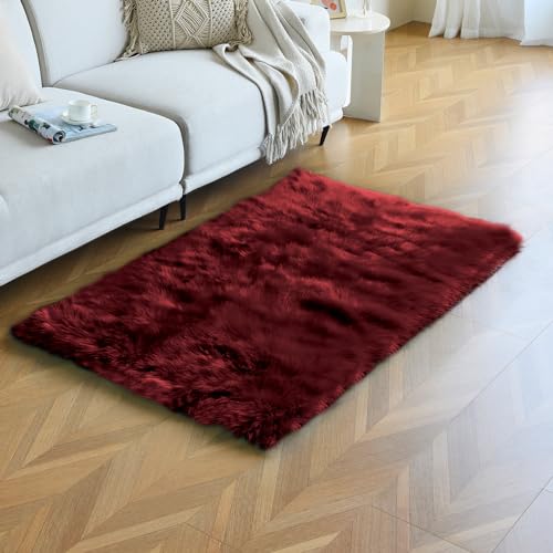 duduta Burgundy Faux Sheepskin Fur Rug 3x5 ft, Fluffy Carpet Rug - color: Burgundy, size: 3' x 5'