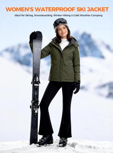 wantdo Women's Waterproof Ski Jacket Warm Fleece Lined Snow Winter Coat | 10000mm Waterproof Snowboard Jacket for Skiing, Hiking, Commute, Removable Hood, 6 Pocket, Windproof Warm -10°F to 50°F - color: Army Green, size: Medium