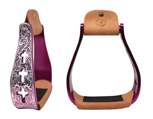 CHALLENGER Western Show Horse Saddle Stirrups Aluminum Leather Tread Cross Engraved 5145v - color: Pink with genuine Leather Tread