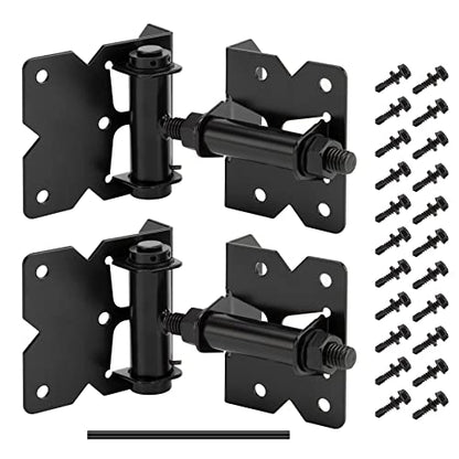 2 Pack Self Closing Gate Hinges for Wooden Fences Heavy Duty Solid Vinyl Fence Gate Closer Hinges with 22 Screws Swing Adjuster Tool 90 Degree Tension Gate Hardware Kit Black Finish - size: Self Closing