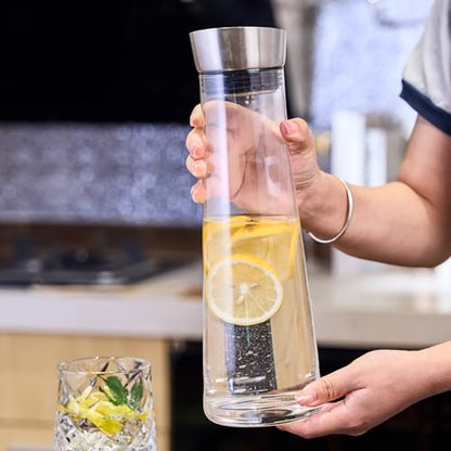 GLASKEY Glass Water Carafe with Lid,1200ml Borosilicate Glass Juice Pitcher with Stainless Steel Gravity Lid,Clear Water Pitcher for Ice Tea, Lemonade, Coffee,Juice Beverage,40 oz - size: 40 Ounces