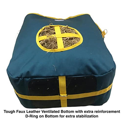 Majestic Ally Nylon Hay Feeder Tote Bag for Horse, Goat, Sheep - Double Sides Open Feed Hole with Faux Leather Ventilated Bottom- Premium Quality -Simulates Grazing - Reduces Waste (Hunter Green) - color: HUNTER GREEN