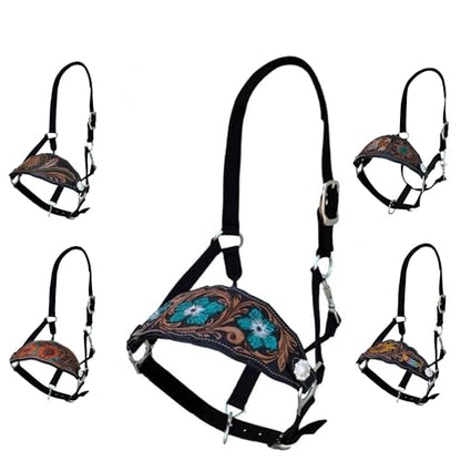 Majestic Ally Equestrian Designer Bronc Halter for Horses, Hand-Tooled Leather Nose, Padded Nylon Crown and Noseband - style: Turquoise Carnation