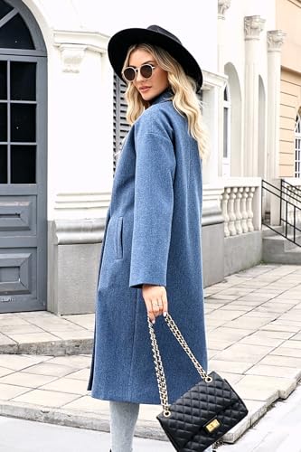SAUKOLE Womens Winter Pea Coat Notch Lapel Double Breasted Wool Blend Oversized Overcoat with Pockets - color: 12#blue, size: Medium