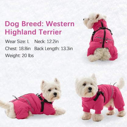 BRKURLEG Dog Winter Coat with Harness Built in, Winter Dog Jacket for Small and Medium Dogs, Small Dogs Snowsuit Reflective Windproof Cold Weather Coat, Puppy Warm 100% Polyester Coats, Hot Pink, M - color: Hot pink, size: Medium