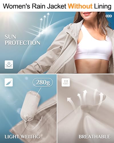 33,000ft Women's Waterproof Long Rain Coats Packable Rain Jacket with Hood - color: Beige, size: Small