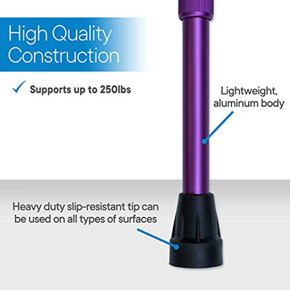 RMS Walking Cane - Adjustable Walking Stick - Lightweight Aluminum Offset Cane with Ergonomic Handle and Wrist Strap - Ideal Daily Living Aid for Limited Mobility - color: Lavender