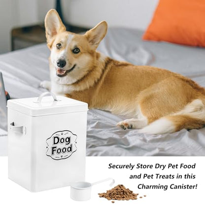 Youeon 5-7 Lbs(25 Cup) Metal Dog Food Storage Container with Lid and Scoop, Airtight Dog Treat Container, Farmhouse Pet Food Storage Container, Cute Dog Food Canister, Gift for Dogs and Owners, White