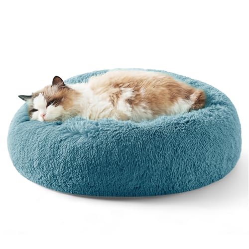 Bedsure Calming Cat Beds Donut Round Washable Kitten Bed,20 inches | Fluffy Faux Fur Cuddler,Anti-Slip Bottom,Anti-Anxiety,Deep Sleeping for Cats&Small Pets Up to 15 Lbs,Washed Blue - color: Washed Blue, size: 20"L x 20"W x 6"Th