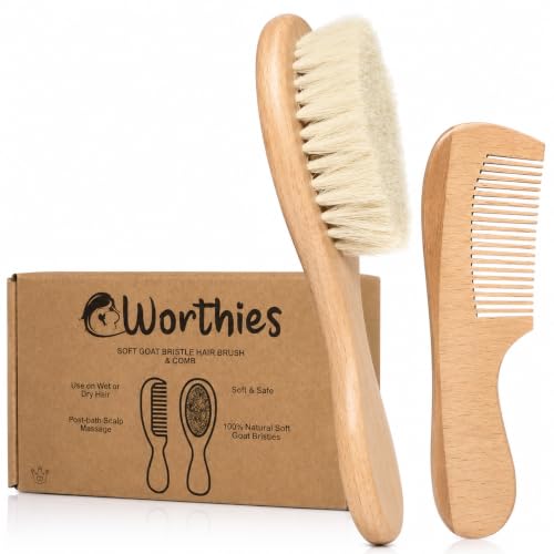 Baby Hair Brush and Comb Set for Newborn, Soft Goat Bristles