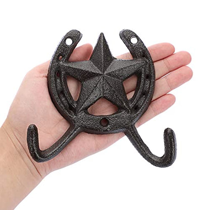 JUXYES Heavy Duty Cast Iron Western Horseshoe Star Hat Hook with 2 Hanger - size: 2 Pack
