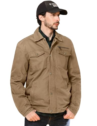 WenVen Men's Casual Canvas Cotton Military Lapel Jacket - color: Khaki, size: Small