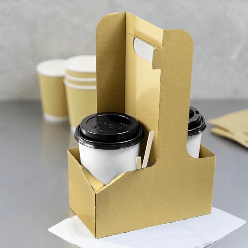 Karat Cardboard Drink Carrier with Handle [250 ct] – Sturdy 2-Cup Coffee Carrier for Hot/Cold Beverages, Fits 12-32 oz Cups, Disposable To-Go Cup Holder - size: 2-Cup
