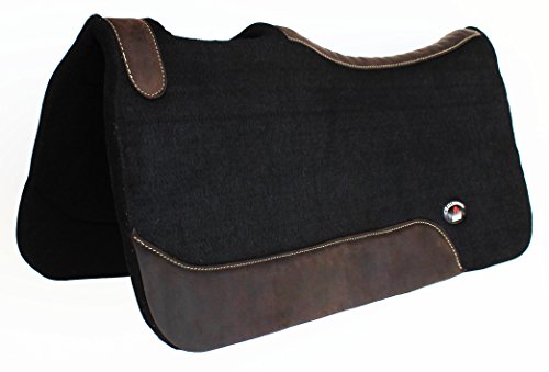 CHALLENGER 32" Horse Western Contoured Wool Felt Therapeutic Saddle Pad 3981 - color: Black with Brown Wear Leather, size: 30" Spine x 15" Drop, 3/4" Thick