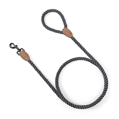 Mile High Life Dog Leash Braided Cotton Rope with Leather-Reinforced Ends - color: Dark Grey, size: 72 Inch-1/2"