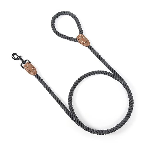 Mile High Life Dog Leash Braided Cotton Rope with Leather-Reinforced Ends - color: Dark Grey, size: 48 Inch-1/2"