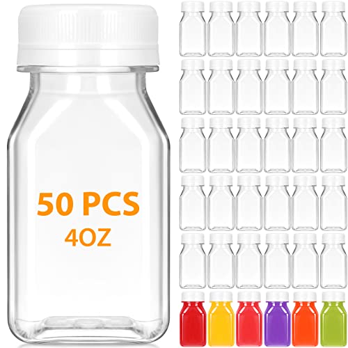 Gerrii 50 Pcs 4 oz Plastic Juice Bottles with Lid Small Reusable Clear Bottles with Caps Containers Bulk, Freezer Safe, Leakproof for Milk Smoothies Drinking Fridge (White) - color: White