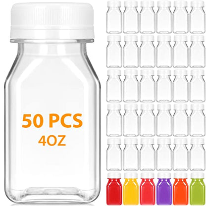 Gerrii 50 Pcs 4 oz Plastic Juice Bottles with Lid Small Reusable Clear Bottles with Caps Containers Bulk, Freezer Safe, Leakproof for Milk Smoothies Drinking Fridge (White) - color: White