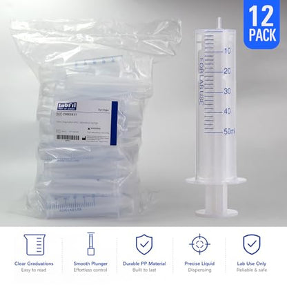 12 Pack 50ml Plastic Syringe for Liquid, Luer Slip, Used in Scientific Labs - size: 50ML