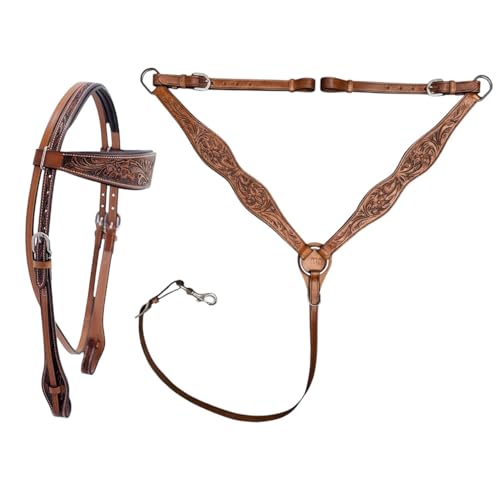 Majestic Ally Tooled Leather Western Headstall & Breast Collar Set – Handcrafted Leather, Classic Western Tack, Multiple Styles & Designs - style: 0986-NAT