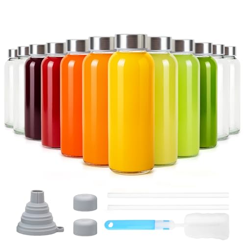 Sursip 10 oz Glass Juice Bottles, 12 Pack, Leakproof Stainless Lids - color: Silver lid- 12 pack, size: 10 OZ