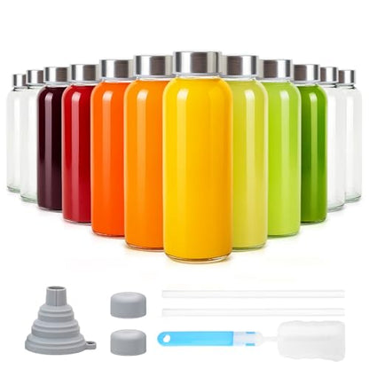 Sursip 10 oz Glass Juice Bottles, 12 Pack, Leakproof Stainless Lids - color: Silver lid- 12 pack, size: 10 OZ