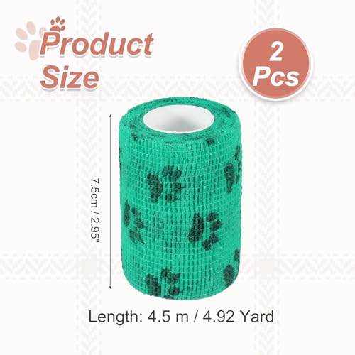 Pet Wrap Bandages, 3 Inch 5 Yard Self Adhesive Bandage Wrap, Pet Non-Woven Tape First Aid Cohesive Gauze, (Green/Paw, 2 Pcs), Intended for Dog/Cat/Bird/Legs/Paws/Wound - color: Green, size: 3 inch