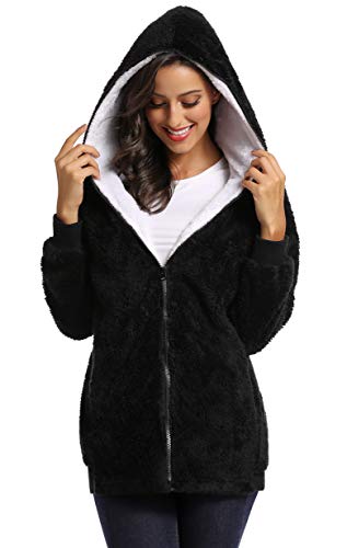 Fleece Coat for Women,Women's Oversized Zip Up Hooded Jacket Winter Plus Size Sherpa Coat - color: Ablack, size: X-Large