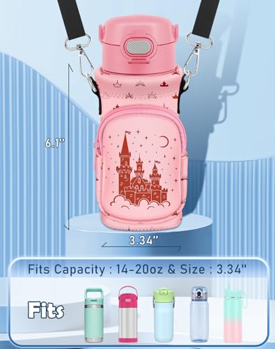 Miss Adola Water Bottle Carrier with Strap for Kids, 14-20 oz - color: Pink Castle