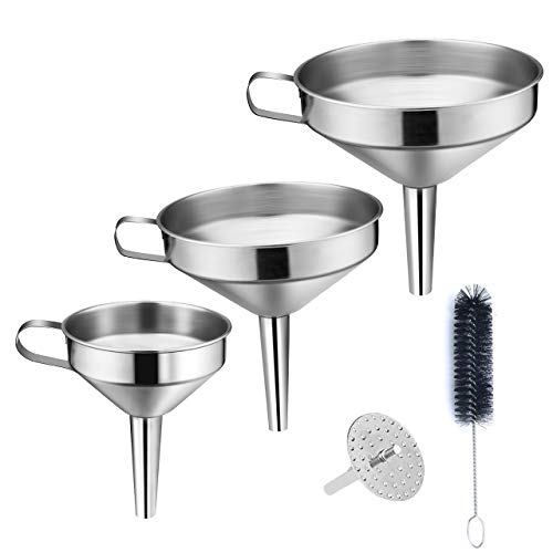 Kitchen Funnel, 3 Piece Stainless Steel Funnels Set with Handle Design and Removable Strainer, Great for Transferring of Liquid, Fluid, Dry Ingredients & Powder, Funnels for Filling Bottles - size: 3 Pack (5.7" + 5.0" + 4.1")