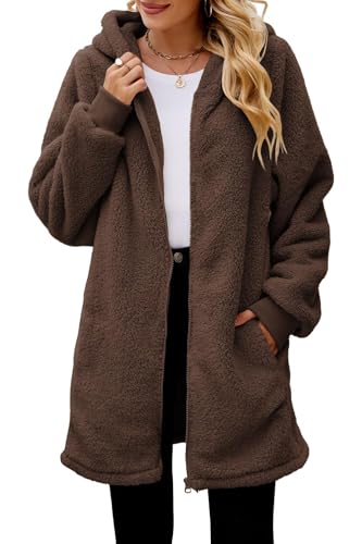ReachMe Womens Fleece Zip Up Jacket with Pockets Oversized Long Sherpa Hoodie Fuzzy Jackets Warm Teddy Coat - color: 01 Chocolate Brown, size: Small