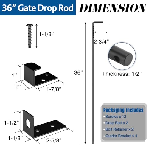 Heavy Duty Cane Bolt Gate Drop Rod, 36" Black Gate Latches Hardware for Wood Fence/Metal/Vinyl/Double Gates, Outdoor Gate Ground Latch Drop Rod with Mounting Screws, 2 Pack - size: 36 Inch