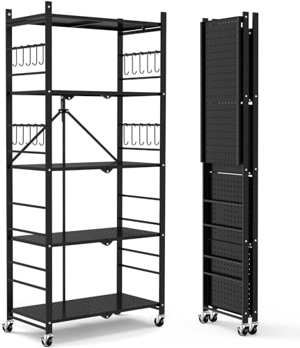 Himix 5-Tier Foldable Storage Shelves with 20 Hooks Wheels Kitchen Black - color: Black, size: 5-Tier