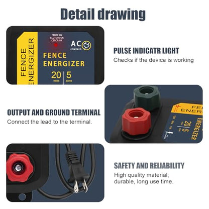 Electric Fence Energizer with Wire 5 Miles/ 20 Acres AC Powered 120 Volt, Plug-in Electric Fence Charger Output 1.2 Joule for Preventing Raccoons, Livestock, Squirrels - style: 5-Mile/ 20 Acres with Wire