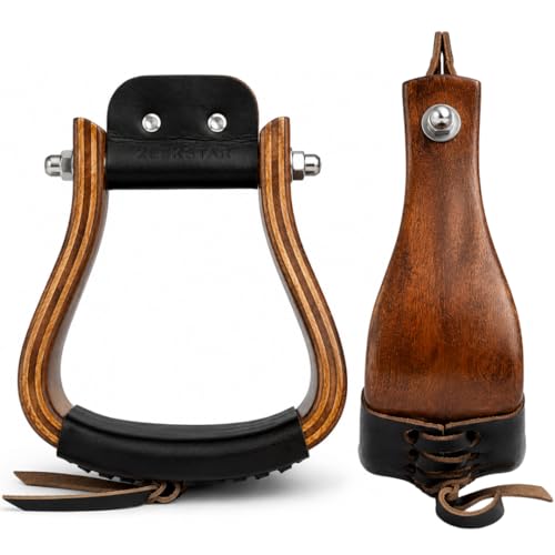 Wooden & Leather Western Horse Riding Stirrups – Handmade Wooden Saddle Stirrups with Leather Foot Tread