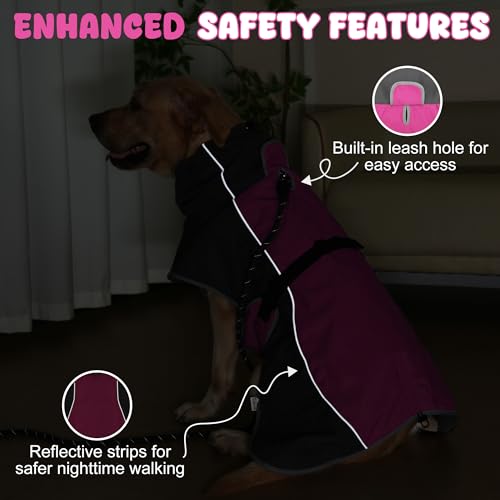 Dog Raincoat, Waterproof Dog Coat with Polar Fleece Lining - color: Pink, size: Large