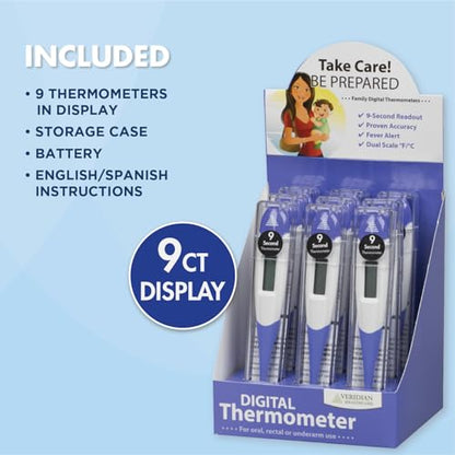 Veridian Oral & Rectal Digital Thermometer Stick Digital Display 08-359-9 9 per Box | Preloaded Counter Display, Fever Alert at 100.0°F, Oral, Rectal & Underarm Use, Memory Recall, Storage Case