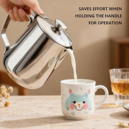 Stainless Steel Milk Frothing Pitcher with Lid 350ml, Coffee Frother Cup for Espresso Cappuccino Latte Hot Chocolate, Dripless Pour Spout Ergonomic Handle for Home Office Cafe Kitchen