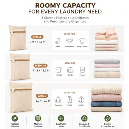6-Pack Laundry Bags, Durable Cotton Mesh with Sturdy Zipper, Breathable Mesh Fabric, Ideal for Washing Underwear, Pants, Shoes, Socks and Delicate Garments - color: Beige, size: 19.6"L x 15.7"W x 0.2"H