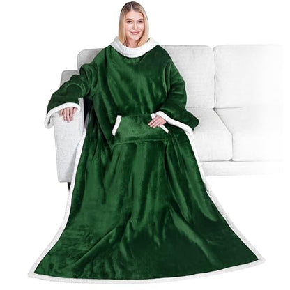PAVILIA Sherpa Wearable Blanket with Sleeves and Pocket, Plush Thick Cozy Body Blanket Wrap for Adult Women Men, Christmas Gift for Wife Mom, Dark Green - color: Emerald Green