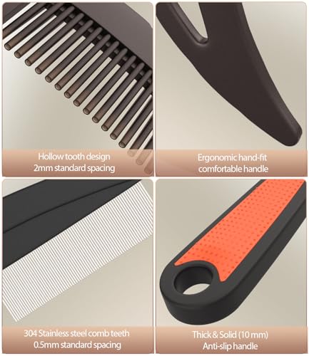 Dandruff Comb Removal 2PC Hollow Fine Tooth Scalp Detox Hair Care Tool | Build Up Flake Lice Comb, 0.5 & 2mm Stainless Steel Teeth, Self Cleaning, Button Release, Scalp Massage Handle, Women Men Kid - color: 2PC Brown+Red