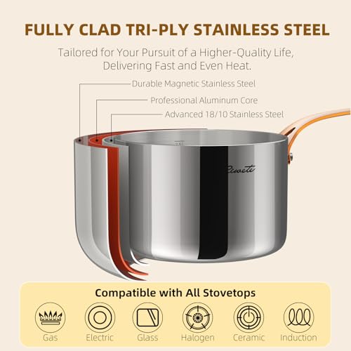 Ciwete 3 Quart Sauce Pan with Lid, Upgraded Tri-Ply Stainless Steel Saucepan with Mirror Polishing and 2 Scales, Induction Ready Cooking Pot with Stay-Cool Brass Handle, Dishwasher & Oven Safe - size: 3 Quart (with brass handle)