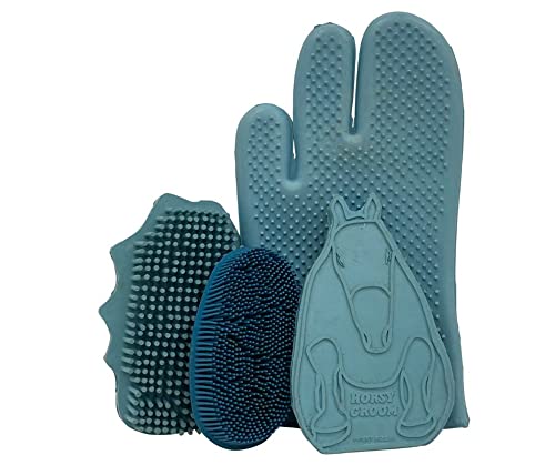 Grewal® Equestrian Grooming Bundle Kit - Comfy Pet Grooming & Bathing Glove - Oval Face Soft Bristles - Great for Thin & Sensitive Skin (Pacific Blue) - color: Pacific Blue
