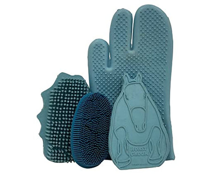 Grewal® Equestrian Grooming Bundle Kit - Comfy Pet Grooming & Bathing Glove - Oval Face Soft Bristles - Great for Thin & Sensitive Skin (Pacific Blue) - color: Pacific Blue