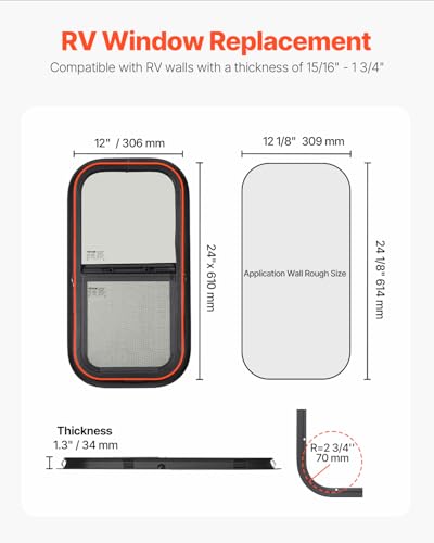 VEVOR Vertical RV Window, 12" W x 24" H Tinted Sliding Window with Net Screen & Trim Ring, Fit 15/16" - 1 3/4" Thickness Wall, RV Window Replacement for Teardrop Cargo Trailer Camper, DOT Approved - size: 12x24in, style: Vertical