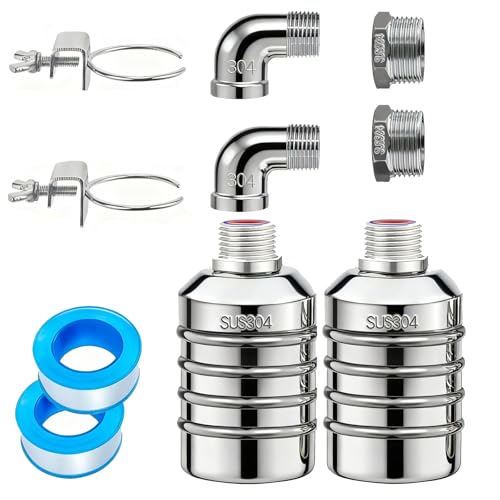 2-Pack NPT 1/2" Float Valve, Leak-Proof 304 Stainless Steel Automatic Water Level Control Float Valve with 1/2" 3/4" Premium 304 SS Connections for Water Trough Fish Tank Pool Livestock