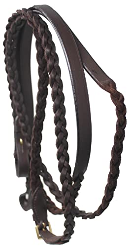 CHALLENGER 54" Full Horse English Braided Black Leather Reins 805LR01BK - color: Brown/Brass